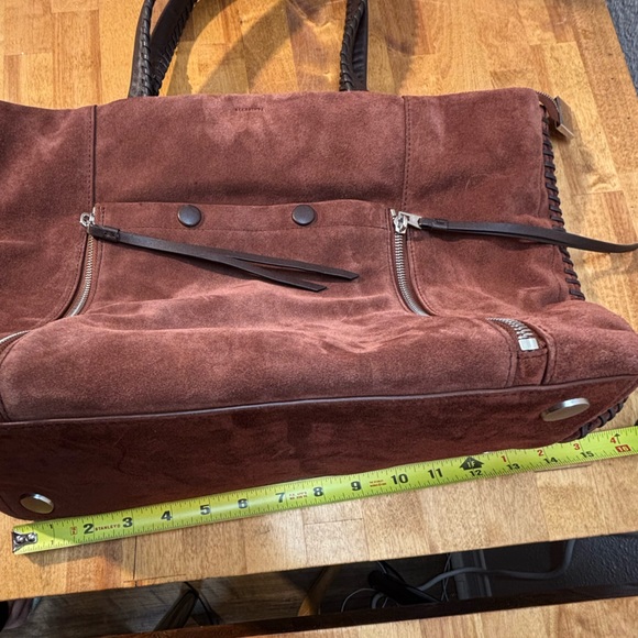 AllSaints Mori Suede Leather Tote Bag Brown Braided Handle Whipstitch - Picture 6 of 14